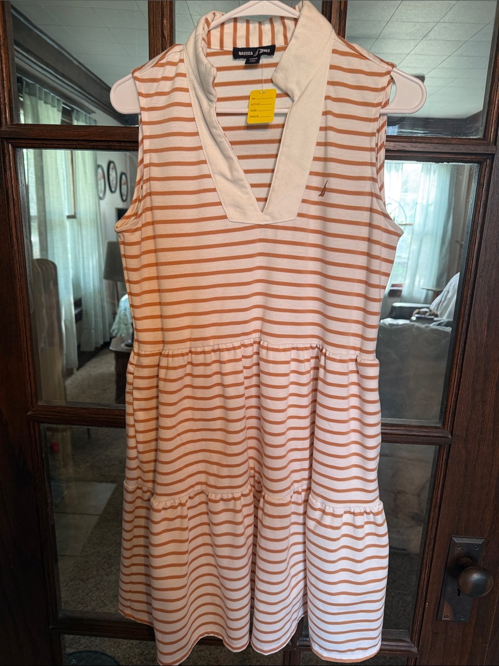 Nautica Jeans Striped Sleeveless Polo Dress White Tan Tiered Pockets Small Chic